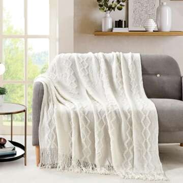 BOURINA Fluffy Chenille Knitted Fringe Throw Blanket Lightweight Soft Cozy for Bed Sofa Chair Throw ...