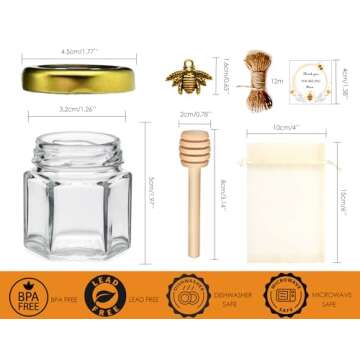 Adabocute Honey Pot, Mini Honey Jars with Wood Dipper, Gold Lid, Bee Pendants, Beige Gift Bags, Than...