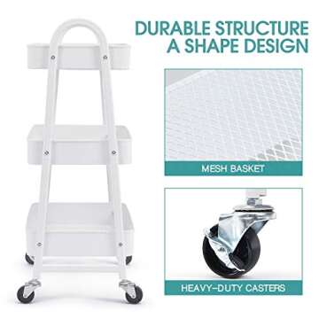 KINGRACK 3-Tier Rolling Cart, White, Sturdy Steel Frame, Easy Assembly, 3 Large Baskets, Ideal for Office, Kitchen, Bathroom Storage