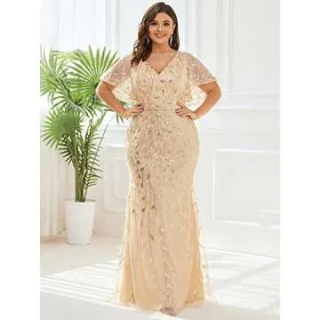 Ever-Pretty Women's V-Neck Curvy Embroidery Formal Dresses Plus Size Sequin Mother of The Bride Dresses Gold US24