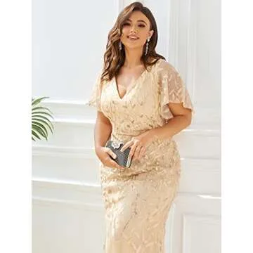 Ever-Pretty Women's V-Neck Curvy Embroidery Formal Dresses Plus Size Sequin Mother of The Bride Dresses Gold US24