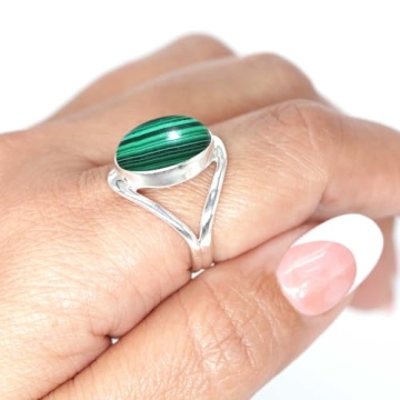 JEWELOPORIUM Green Malachite Silver Ring - Handmade 925 Sterling Silver Jewelry