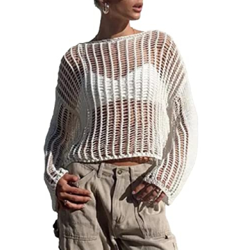 Meladyan Women Crochet Knit Fishnet Crop Top Sexy Hollow Out See Through Long Sleeve Smock Tee Shirt...