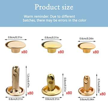 TLKKUE 240 Sets Rivets for Leather - 3 Sizes Durable Double Cap Rivets for Fashion DIY Decoration