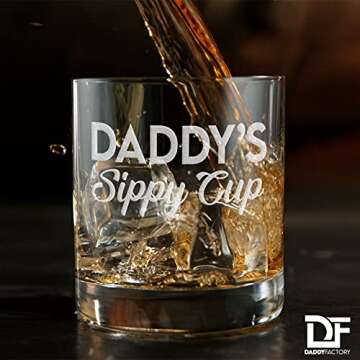 DADDY FACTORY Daddy's Sippy Cup, Fathers Day Gift for Dad, Husband, Father - Whiskey Glass - New Dad Gifts - 10.25 oz Engraved Old Fashioned Rocks Glass for Expecting Father