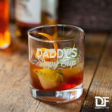 DADDY FACTORY Daddy's Sippy Cup, Fathers Day Gift for Dad, Husband, Father - Whiskey Glass - New Dad Gifts - 10.25 oz Engraved Old Fashioned Rocks Glass for Expecting Father