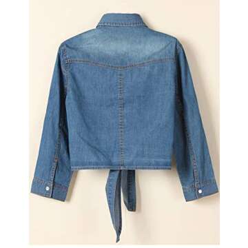 Omoone Women's 3/4 Sleeve Denim Crop Top Tie Knot Shirt Cardigan (0774-Dark Blue-L)