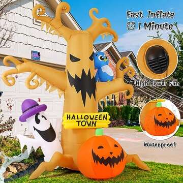 GOOSH 8 FT Halloween Inflatables Dead Tree Outdoor Decorations Blow Up Yard Owl Ghosts and Pumpkins Surround The Dead Tree with Built-in LED Lights for Outdoor Party Garden Lawn Decor