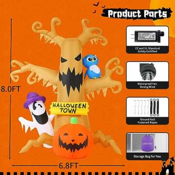 GOOSH 8 FT Halloween Inflatables Dead Tree Outdoor Decorations Blow Up Yard Owl Ghosts and Pumpkins Surround The Dead Tree with Built-in LED Lights for Outdoor Party Garden Lawn Decor