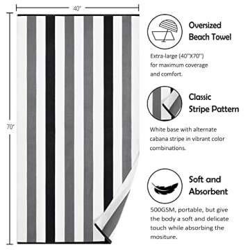 Bornbay Cotton Oversized Beach Towel - Extra Large 40"X70" Plush Thick Mens Beach Towels, XL Fluffy Stripe Pool Towels Charcoal Gray Swimming Towel for Adults Mens Women