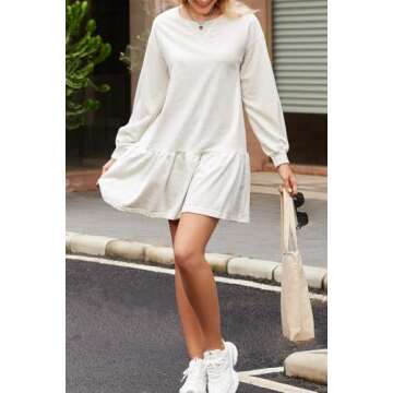 BLENCOT Mini Dress for Women 2025 Fall Winter Cute Patchwork Long Sleeve Ruffled Crewneck Sweatshirt Dresses Casual Sport Pullover Tops White Small