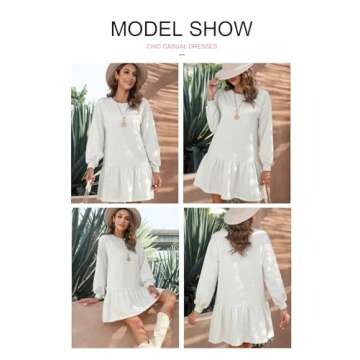 BLENCOT Mini Dress for Women 2025 Fall Winter Cute Patchwork Long Sleeve Ruffled Crewneck Sweatshirt Dresses Casual Sport Pullover Tops White Small