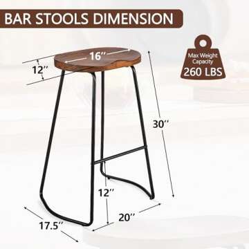 HeuGah Bar Stools, Solid Wood Barstools Set of 2, 30" Bar Height Bar Stools with Metal Leg, Rustic Backless Bar Stools for Kitchen Island, Bar Chairs with Solid Wood Saddle Seat (Walnut, 30 Inch)
