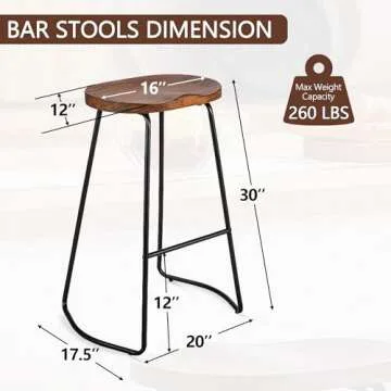 HeuGah Solid Wood Bar Stools Set of 2, 30 Inch