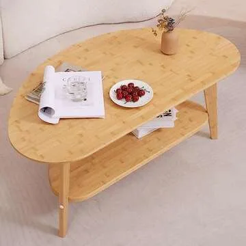 NAVREX Round Oval Coffee Table, 2 Tier Mid Century Modern Coffee Tables for Living Room Home Office, FSC Certifiled 100% Solid Bamboo Wood Coffee Table Easy to Assemble Genuine Material 41"