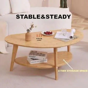 NAVREX Round Oval Coffee Table, 2 Tier Mid Century Modern Coffee Tables for Living Room Home Office, FSC Certifiled 100% Solid Bamboo Wood Coffee Table Easy to Assemble Genuine Material 41"