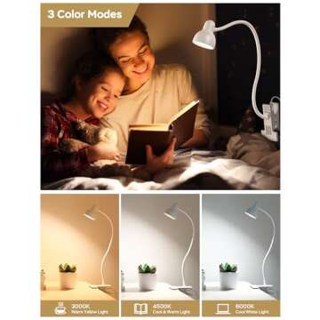 LiFMIRA Clip on Lamp USB Reading Light, 3 Color Modes, 10 Brightness Dimmable, Flexible Gooseneck De...