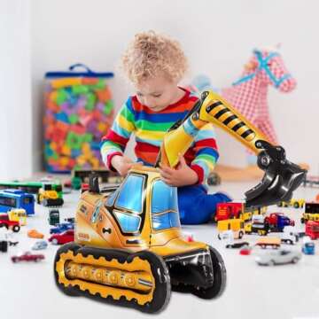 YOTHORN Self Standing 4D Foil Construction Balloon,Large Excavator Balloon, Digger Engineering Vehicle Balloon for Kids,Construction Birthday Party Supplies for Construction Theme Party Decoration