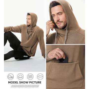 JMIERR Men's 2024 Hooded Cotton Cowl Neck Collar Drawstring Hoodies Pullover Sweatshirts Casual Long Sleeve Shirts, US38(S), A Camel
