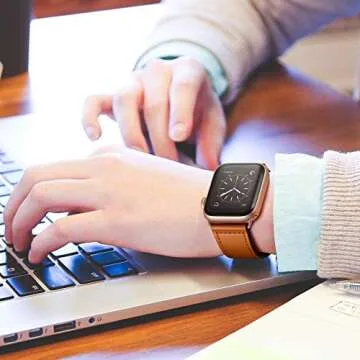 KYISGOS Compatible with iWatch Band 49mm/46mm/45mm/44mm/42mm, Genuine Leather Replacement Band Strap Compatible with Apple Watch Ultra 2/1 SE Series 10 9 8 7 6 5 4 3 2 1 (Brown/Rose Gold)