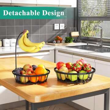 2-Tier Fruit Basket Bowl Stackable Vegetable Storage with Banana Tree Hanger Stand for Kitchen Count...