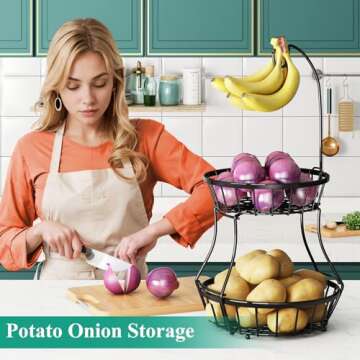2-Tier Fruit Basket Bowl Stackable Vegetable Storage with Banana Tree Hanger Stand for Kitchen Countertop, Metal Wire Basket for Bread Onions Potatoes Black
