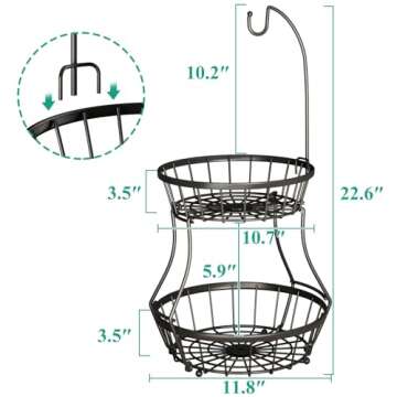 2-Tier Fruit Basket Bowl Stackable Vegetable Storage with Banana Tree Hanger Stand for Kitchen Countertop, Metal Wire Basket for Bread Onions Potatoes Black