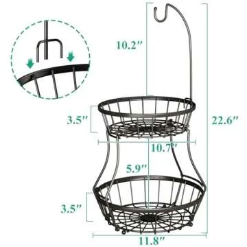 2-Tier Fruit Basket Bowl Stackable Vegetable Storage with Banana Tree Hanger Stand for Kitchen Countertop, Metal Wire Basket for Bread Onions Potatoes Black