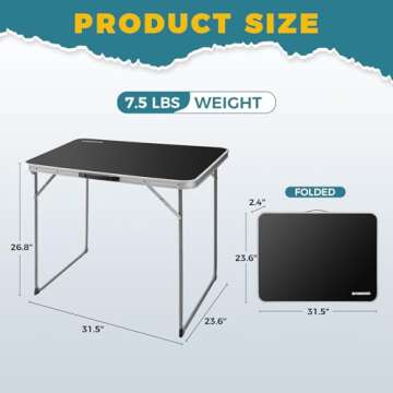 FUNDANGO Folding Table, Portable Picnic Camping Table, Reinforced Steel Frame Folding Card Table with Handle, Easy to Carry and Clean, Great for Outdoor Beach BBQ Backyard, Black