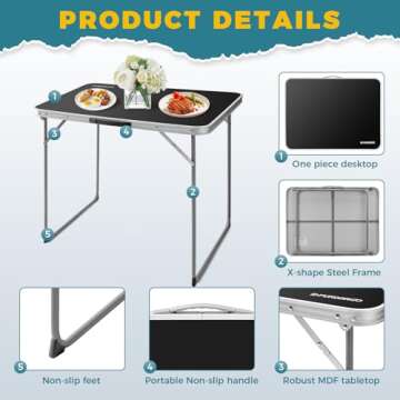 FUNDANGO Folding Table, Portable Picnic Camping Table, Reinforced Steel Frame Folding Card Table with Handle, Easy to Carry and Clean, Great for Outdoor Beach BBQ Backyard, Black