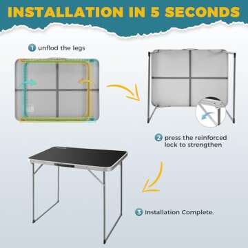 FUNDANGO Folding Table, Portable Picnic Camping Table, Reinforced Steel Frame Folding Card Table with Handle, Easy to Carry and Clean, Great for Outdoor Beach BBQ Backyard, Black