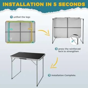 FUNDANGO Folding Table, Portable Picnic Camping Table, Reinforced Steel Frame Folding Card Table with Handle, Easy to Carry and Clean, Great for Outdoor Beach BBQ Backyard, Black
