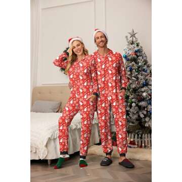 Ekouaer Christmas Onesie Matching Family Elk Antler Hooded Zipper One Piece Long Sleeve Pajamas with Pockets Snowman Red S