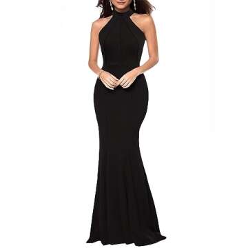 Berydress Women's Elegant Chic Halter Neck Sleeveless Solid Stretchy Mermaid Long Evening Dress (L, 6075-Black)