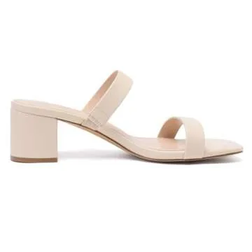 Athlefit Nude Heels for Women Two Strap Low Heel Chunky Sandals Dressy Summer Open Toe Leather Weddi...