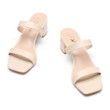 Athlefit Nude Heels for Women Two Strap Low Heel Chunky Sandals Dressy Summer Open Toe Leather Wedding Guest Shoes Size 7