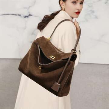 Roymi Genuine Leather Large Capacity Single Shoulder Handbag Underarm Bag Suede Nubuck Cowhide Tote Bag(Coffee L)