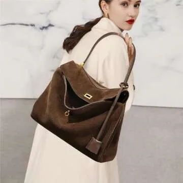 Roymi Genuine Leather Large Capacity Single Shoulder Handbag Underarm Bag Suede Nubuck Cowhide Tote Bag(Coffee L)