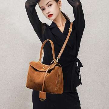 Roymi Genuine Leather Large Capacity Single Shoulder Handbag Underarm Bag Suede Nubuck Cowhide Tote Bag(Coffee L)