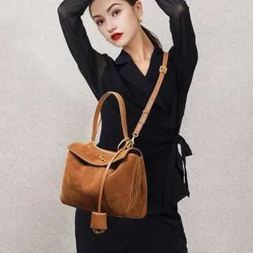Roymi Genuine Leather Large Capacity Single Shoulder Handbag Underarm Bag Suede Nubuck Cowhide Tote Bag(Coffee L)