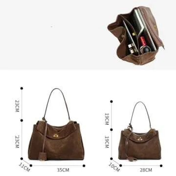 Roymi Genuine Leather Large Capacity Single Shoulder Handbag Underarm Bag Suede Nubuck Cowhide Tote Bag(Coffee L)
