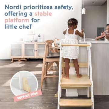 Nordi Foldable Toddler Kitchen Tower,Montessori Kitchen Stools Helper,Standing Tower with 3 Adjustable Heights,Suitable Age for 1.5-6 Years,White