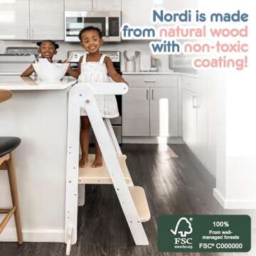 Nordi Foldable Toddler Kitchen Tower,Montessori Kitchen Stools Helper,Standing Tower with 3 Adjustable Heights,Suitable Age for 1.5-6 Years,White