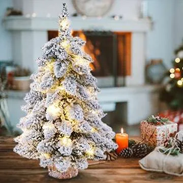 Lrnn 2 Pack Prelit Tabletop Christmas Tree 18 Inch Snow Flocked Artificial Christmas Tree with Lights and Wood Base Mini White pcs 45cm/17.7inch