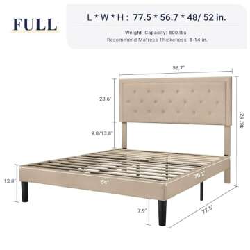 Allewie Full Size Button Tufted/Fabric Upholstered Bed Frame with Adjustable Headboard/Wood Slat Sup...