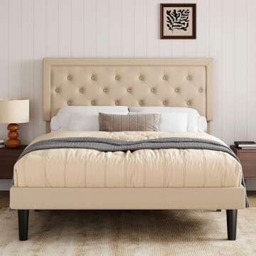 Allewie Full Size Button Tufted/Fabric Upholstered Bed Frame with Adjustable Headboard/Wood Slat Support/Mattress Foundation/Beige
