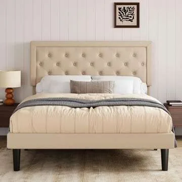 Allewie Full Size Button Tufted/Fabric Upholstered Bed Frame with Adjustable Headboard/Wood Slat Support/Mattress Foundation/Beige