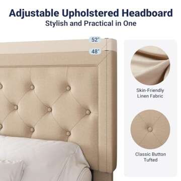 Allewie Full Size Button Tufted/Fabric Upholstered Bed Frame with Adjustable Headboard/Wood Slat Support/Mattress Foundation/Beige