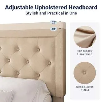 Allewie Full Size Button Tufted/Fabric Upholstered Bed Frame with Adjustable Headboard/Wood Slat Support/Mattress Foundation/Beige