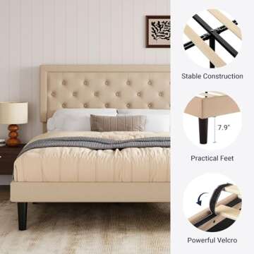 Allewie Full Size Button Tufted/Fabric Upholstered Bed Frame with Adjustable Headboard/Wood Slat Support/Mattress Foundation/Beige